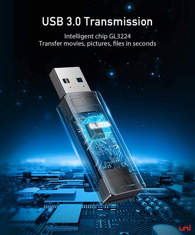 uni SD Card Reader, USB 3.0 to SD/Micro SD Card Adapter 2-in-1, Aluminum USB SD/TF Memory Card Reader Compatible with SD, SDXC, SDHC, MMC, Micro SDXC, Micro SD, Micro SDHC Card and UHS-I Cards