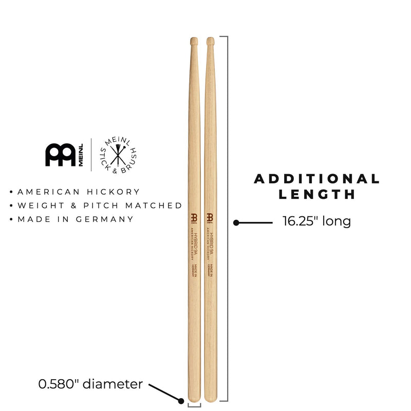 Meinl Stick & Brush Drumsticks, Hybrid 9A — American Hickory with Acorn/Barrel Shape Wood Tip — MADE IN GERMANY (SB133)