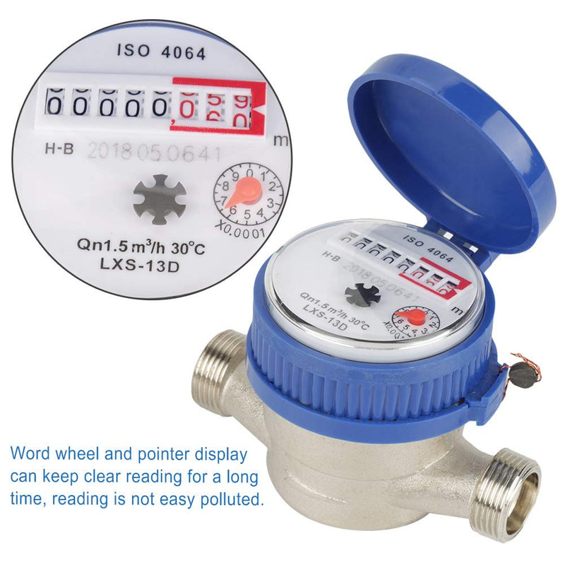 Cold Water Meter, 15mm 1/2 inch Liquid Water Gauge Flow Meter with Fittings for Garden & Home Usage