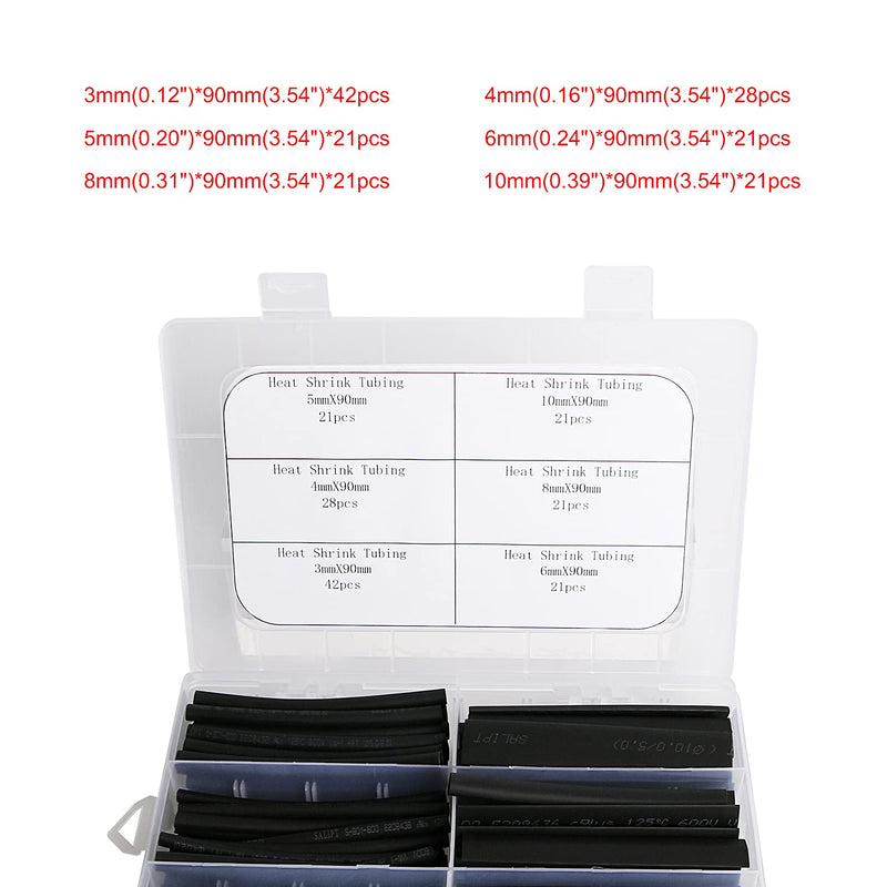 Heat Shrink Tubing Kit, Heat Shrink Tubes Wire Wrap, Ratio 2:1 Electrical Cable Sleeve Assortment with Storage Case for Long Lasting Insulation Protection (Length 90mm, 6 Sizes, Black)154pcs
