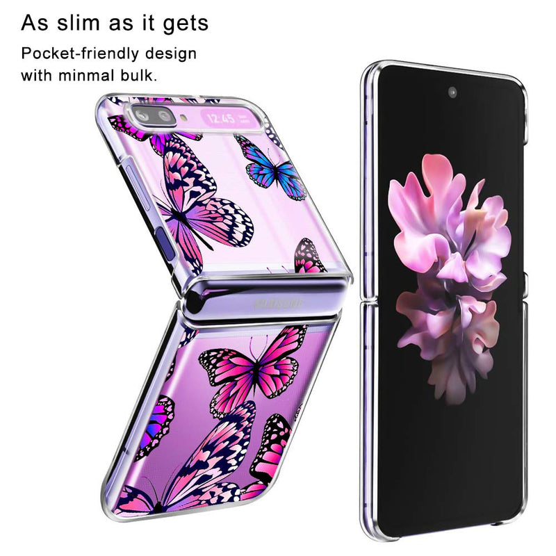 LSL Samsung Galaxy Z Flip 5G Case Clear Butterflies Floral Cute Design Pattern Hard PC Shockproof Protection Full Body Protection Wireless Charging Cover for Galaxy Z Flip 5G 6.7 Inch