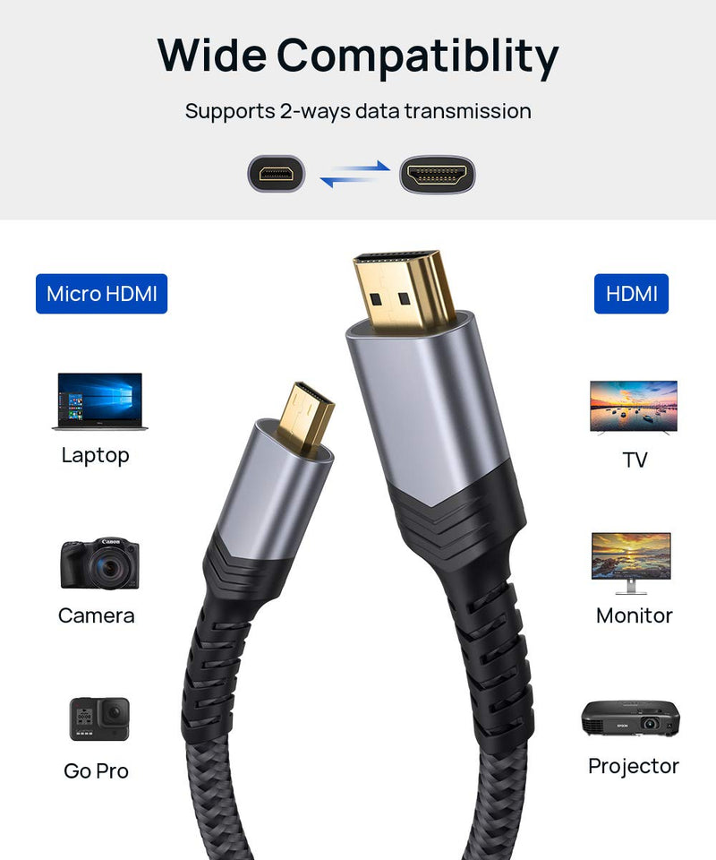 4K Micro HDMI to HDMI Cable 10 FT, JSAUX Micro HDMI to Standard HDMI Cord Braided Support 4k 60Hz HDR 3D ARC 18Gbps Compatible with Sony A6000 A6300 Camera, Lenovo Yoga and More (Grey) 10FT