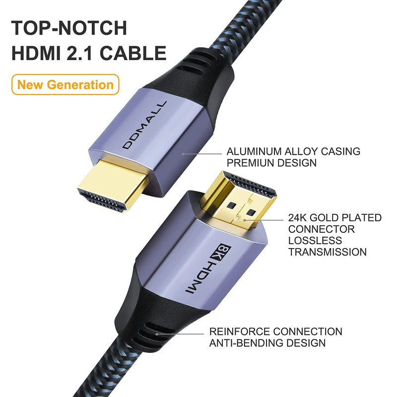 8K HDMI 2.1 Cable 10ft, DDMALL 48Gbps High Speed Gaming 8K 60Hz 4K 120Hz 10K Braided HDMI 2.1 Cord, HDR10 eARC HDCP 2.2&2.3 Compatible with PS5, PS4, TVs, PCs, QLED (10 Feet 1 Pack)