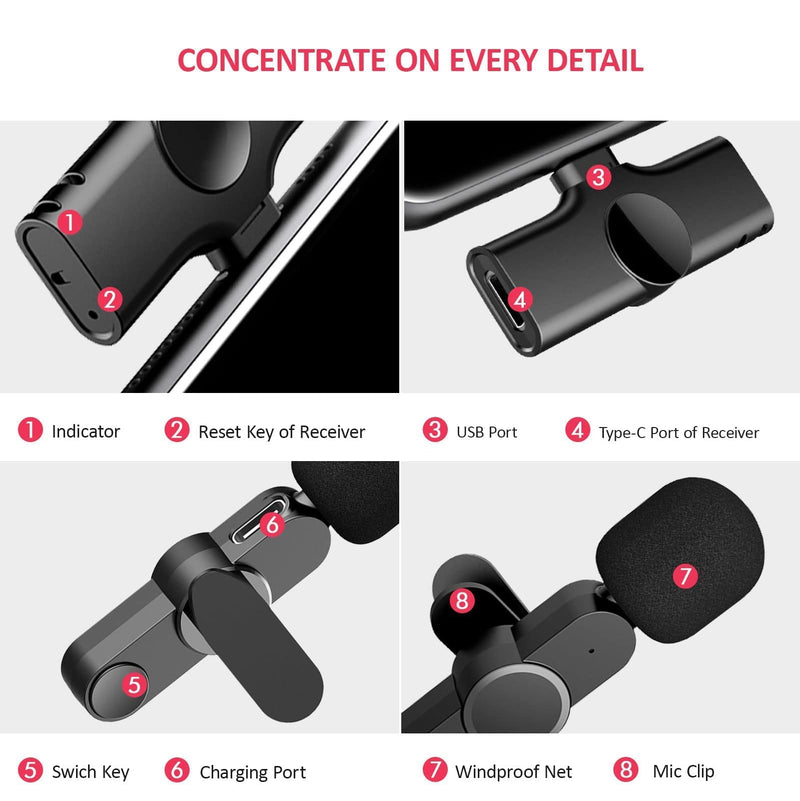 [AUSTRALIA] - Aisizon Wireless Clip Mic, Wireless Lavalier Microphones, Lapel Clip-on Microphone, for Smartphone, Laptop, Video Recording, Tiktok, Facebook Live, YouTube Live Stream black 