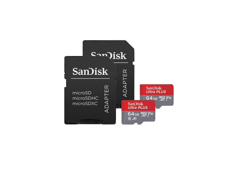 SanDisk Ultra Plus 64GB microSDXC UHS-I Card with SD Adapter, Grey/Red, Full HD up to 100 MB/S For Android Phone, Tables and Camera (2 Pack of 64 GB Micro SD- Card)