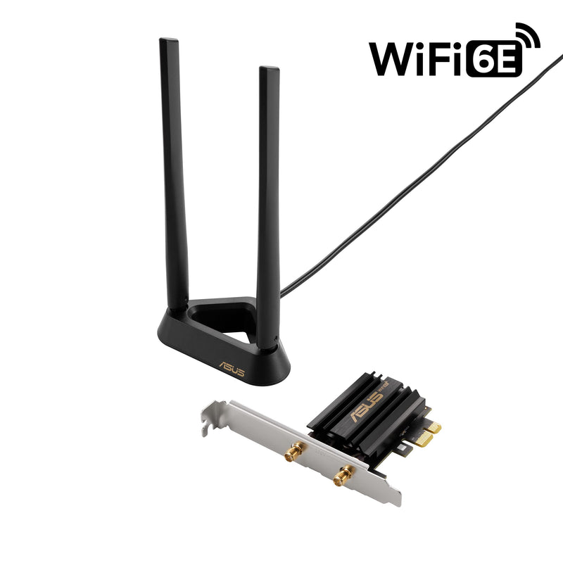 ASUS PCE-AXE59BT WiFi6 6E AX5400 PCI-E Adapter with 2 External Antennas and magnetized Base. Supporting 6GHz Band, 160MHz, Bluetooth 5.2, WPA3 Network Security, OFDMA and MU-MIMO AXE5400 | WiFi 6E | Heatsink