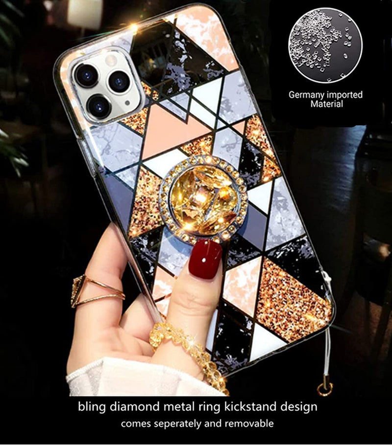 Aulzaju for iPhone 12 Pro Max Case for Girls Women Bling Diamond Glitter Sparkle Cute Cover with Ring Kickstand Luxury Stylish Rhinestone Bumper Case Beaded Strap Lanyard Marble Design 6.7'' Black iPhone 12 Pro Max 6.7 Inch