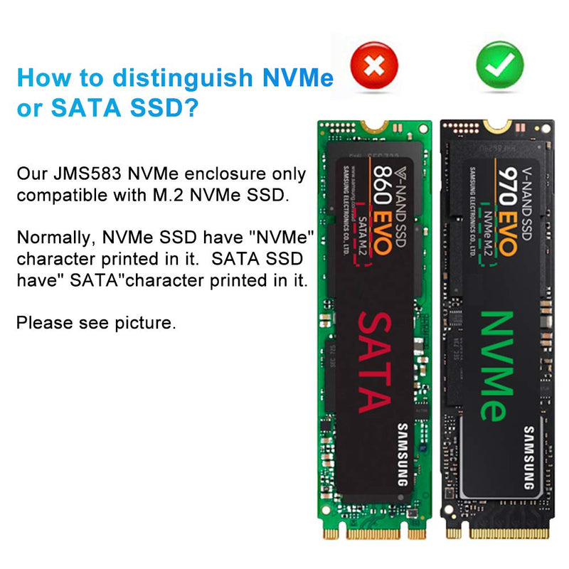 M.2 NVME SSD Enclosure Adapter Tool-Free, USB C 3.1 Gen 2 10Gbps to NVME PCIe M-Key(B+M Key) Solid State Drive External Enclosure Support UASP Trim for SSD Size 2242/2260/2280 JMS583 NVMe Protocol