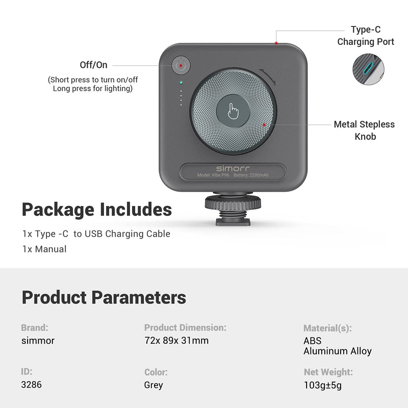 [AUSTRALIA] - simorr LED Video Light, Portable Camera Lights, 96 LED Beads for Photography Video Lighting, Rechargeable 2200mAh CRI 95+ 2700-6500K Dimmable Panel w 3 Cold Shoe 3286 