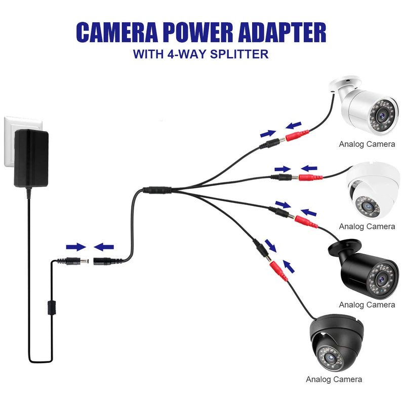 Dericam DC 12V 2A Power Supply Adapter/1 Female to 4 Male Power Splitter Power Cord, Fits DVR/Security Camera, 5.5x2.1mm, Input AC 100-240V~50/60Hz, Output DC 12V 2A, US Plug, 12V2A-4B