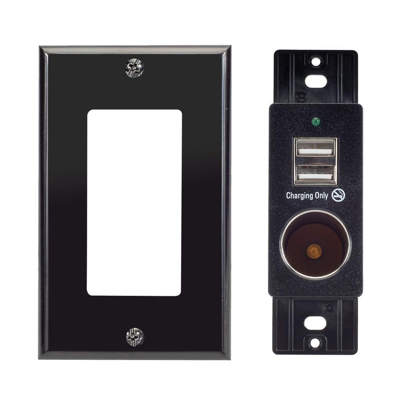 Magnadyne WCP-12V-B Black Wall Mount 2 USB Charging Ports and 12V Power Outlet with Wall Plate Included