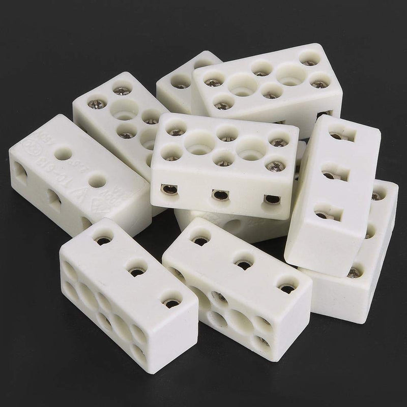 10PCS 3 Way Ceramic Terminal Block 24A Porcelain Terminal Block Wire Connector High Temperature Resistant for Electric Wire Cable 1.32x0.70x0.61in
