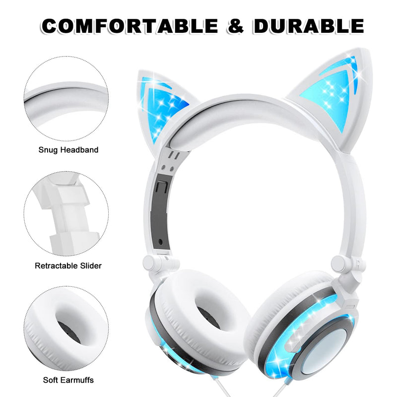 Olyre Kids Headphones Wired with Cat Ear,Safe Volume Foldable Adjustable Flashing LED On Ear Headphones with Mic,Tangle-Free 3.5mm Plug Compatible Smartphones Computer Kindle Tablet for School Travel White