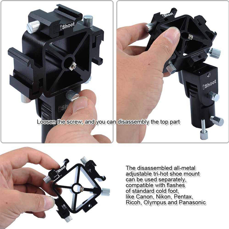 Universal 3-in-1 Tri-Hot Shoe Mount Flash Bracket Holder with 2 Umbrella Hole for Light Stand Camera Tripod Reflective Umbrella Studio Flash Soft Box Speedlite Diffuser