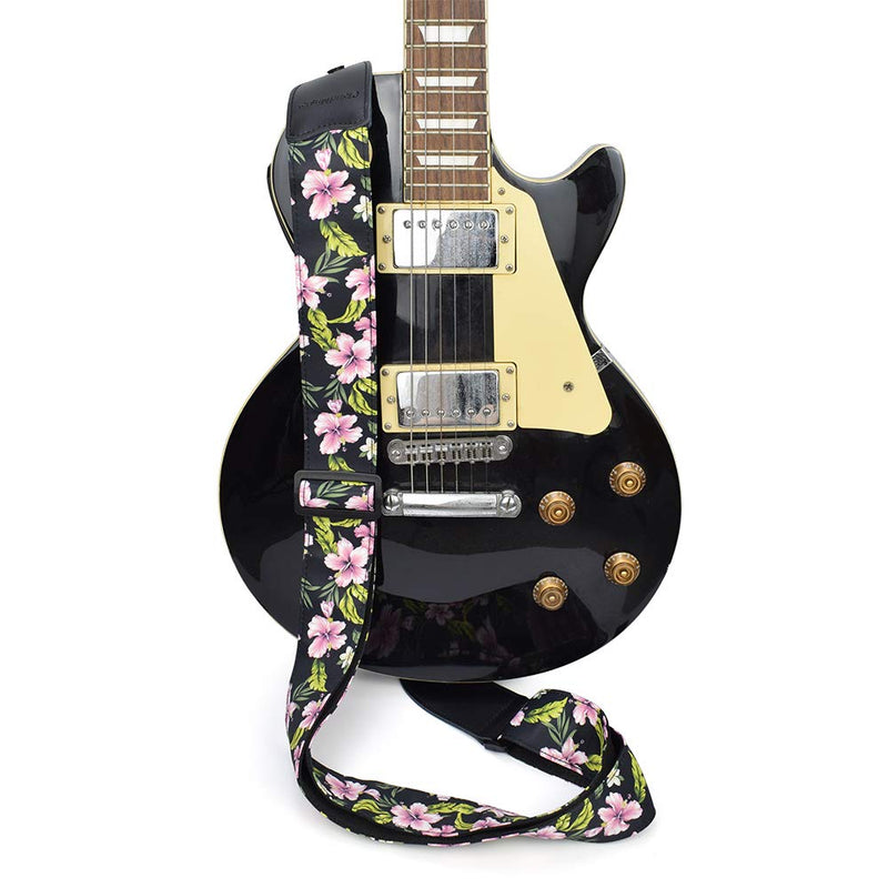 CLOUDMUSIC Guitar Strap Flowers Hibiscus For Acoustic Electric Bass(Pink Hibiscus In Black) Pink Hibiscus In Black