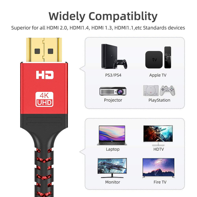 4K HDMI Cable15 ft | High Speed, 4K @ 60Hz, Ultra HD, 2K, 1080P & ARC Compatible | for Laptop, Monitor, PS5, PS4, Xbox One, Fire TV, Apple TV & More（Red） 15FT Red