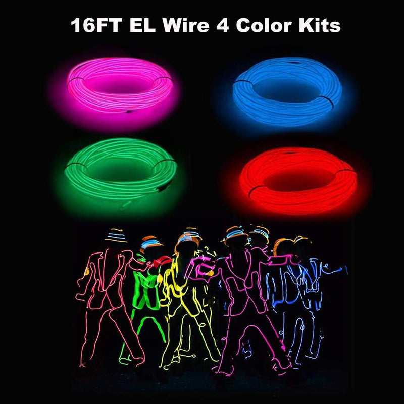 El Wire 4 Pack, 16FT/5M Neon Light with Battery Pack (Red, Blue, Yellow, Green) for Halloween Decorations DIY Costume