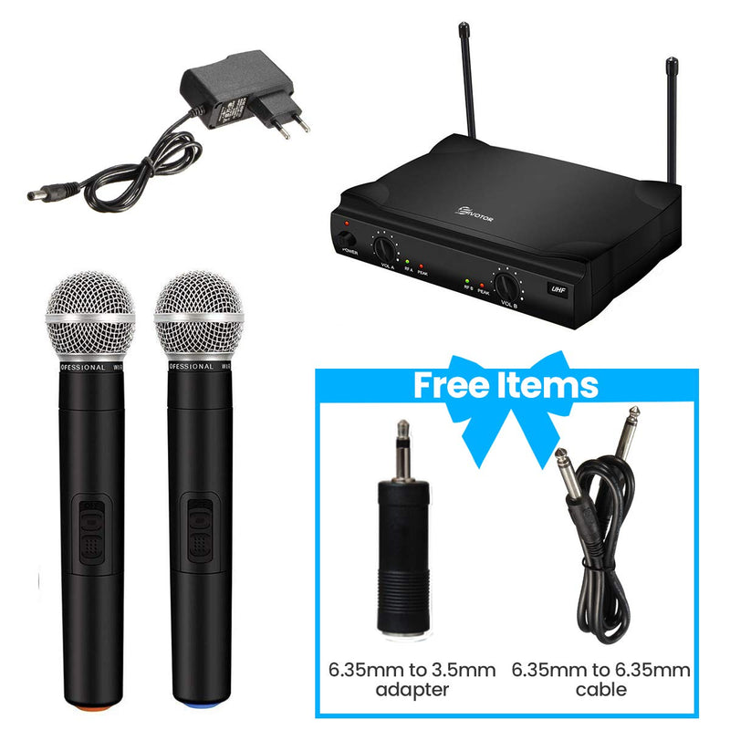 UHF Wireless Microphone System, EIVOTOR Dual Channel Handheld Wireless Microphone with Professional Karaoke Receiver and 2 Handheld Dynamic Mics Set, for Home Party, KTV, Meeting, Wedding, Church UHF