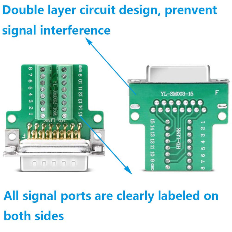 Jienk 2Pcs DB15 Solderless Female RS232 D-SUB Serial Adapters, 16mm thinner 15 Pin Port Terminal Solderfree Breakout Board Connector with Case Accessories Female(2Pcs)
