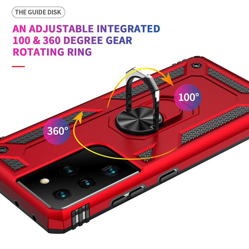 Military Grade Drop Impact for Samsung Galaxy S21 Ultra Case Galaxy S21 Ultra 5G Case 360 Metal Rotating Ring Kickstand Holder Armor Heavy Duty Shockproof Case for Galaxy S21 Ultra Phone Case (Red) Red