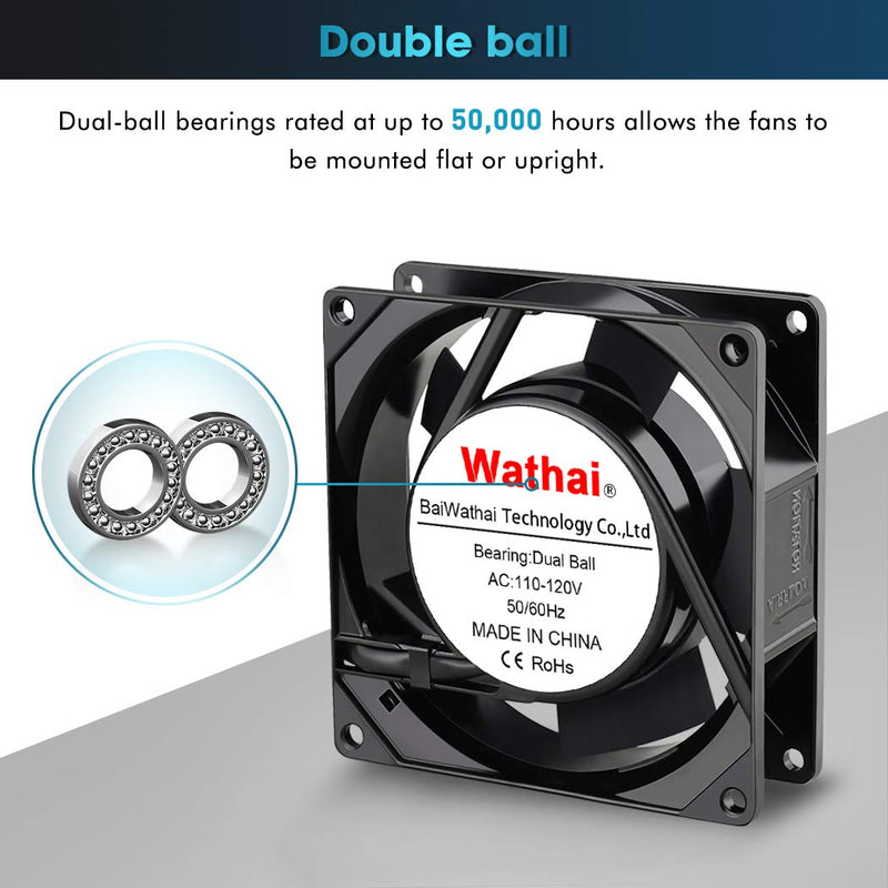 Wathai AC Power Axial Fan 110V 120V 92mm 90mm x 25mm Dual Ball Metal for DIY Ventilation Exhaust Projects Cooling 92x92x25mm