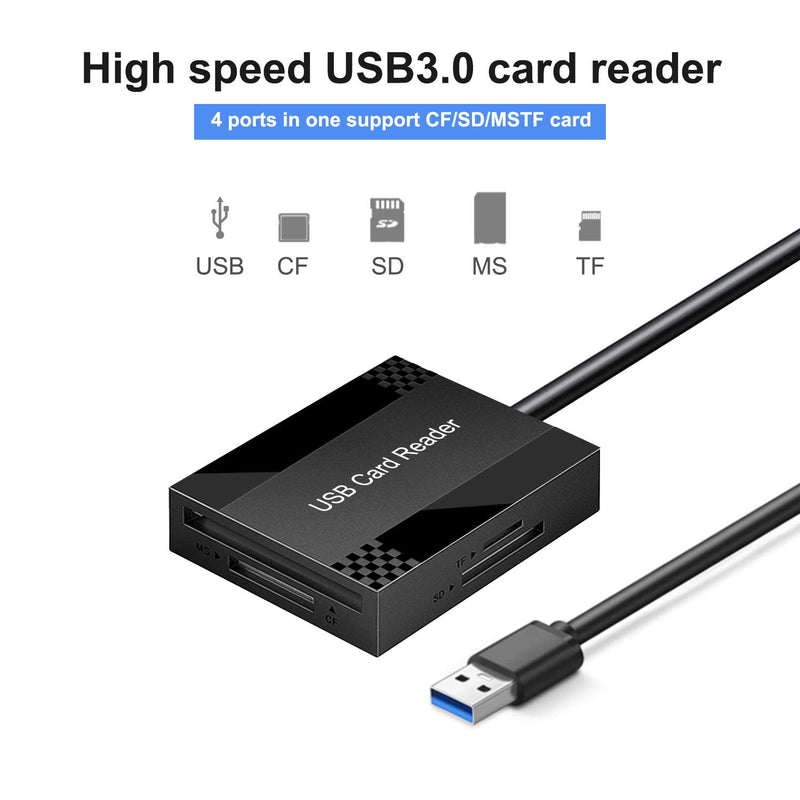 USB 3.0 Card Hub Adapter with USB Port SD Card Reader for Windows, Mac, Linux Read 4 Cards Simultaneously CF, MS, SD, TF/Micro SD, CFI, SDXC, SDHC, Micro SDXC, Micro with uab 2.0
