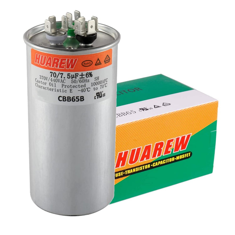 [AUSTRALIA] - HUAREW 70+7.5 uF ±6% 70/7.5 MFD 370/440 VAC CBB65 Dual Run Start Round Capacitor for Condenser Straight Cool or Heat Pump Air Conditioner or AC Motor and Fan Starting 