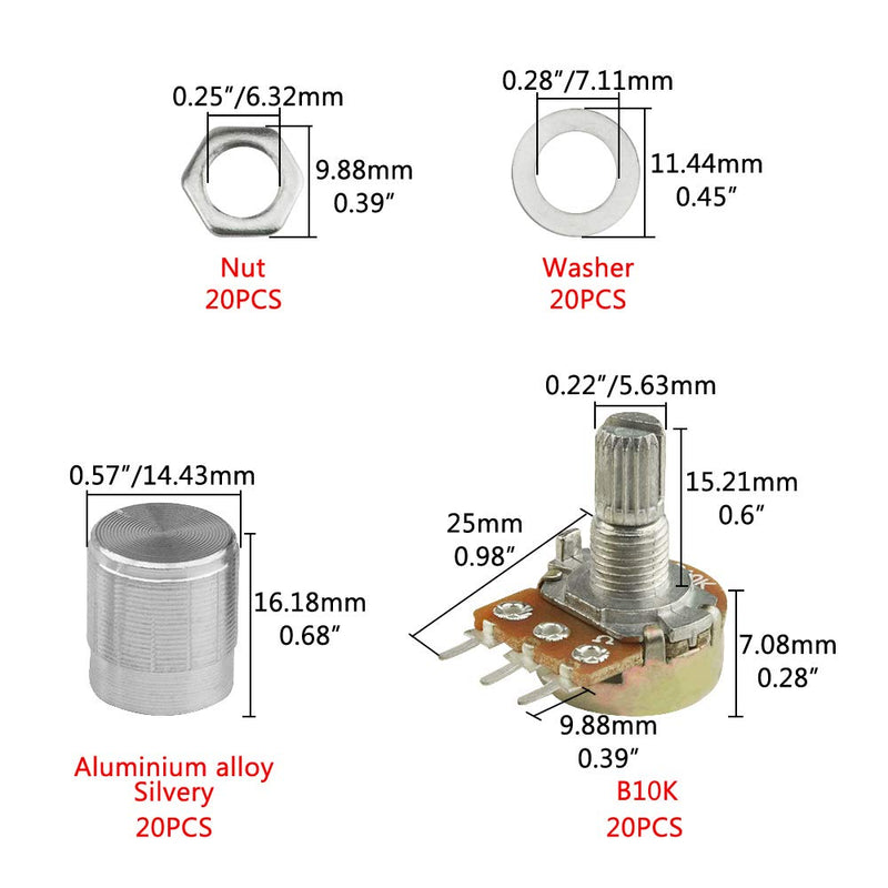 WMYCONGCONG 20 PCS B10K 10K Ohm Knurled Shaft Linear Rotary Taper Potentiometer with Cap Kit (B10K)