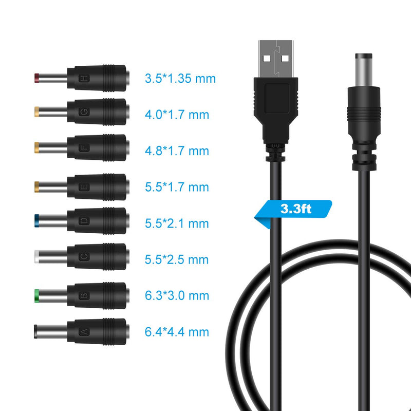 LANMU USB to DC Power Cable, Universal 5V DC Power Cord with 8 Connectors (6.4x4.4, 6.3x3.0, 5.5x2.5, 5.5x2.1, 5.5x1.7, 4.8x1.7, 4.0x1.7, 3.5x1.35), for Router,Mini Fan,Speaker and More 5V Devices 8 in 1 Black