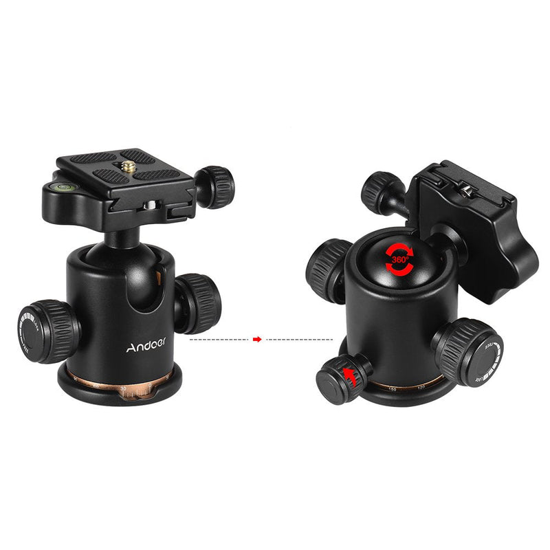 Andoer Tripod Ball Head, 360 Degree Rotating Panoramic Ball Head with Quick Release Plate 1/4 to 3/8 Screw Adapter Max 8kg/17.64lbs for Tripod Monopod Slider DSLR Camera Tripod head Gold