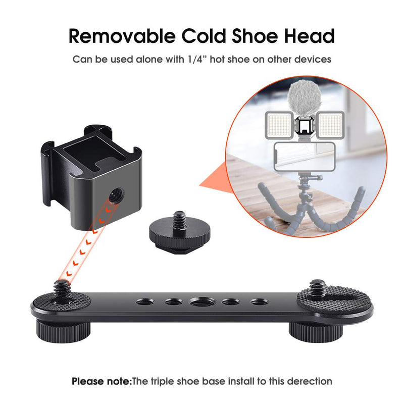 UTEBIT Triple Cold Shoe Mount Universal Extension Bracket Flash Bracket with 1/4 3/8 Adapter Compatible for Monopod Tripod DSLR Phone Gimbal Stabilizer 4.7in