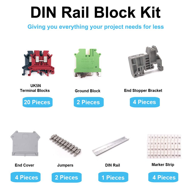 Erayco DIN Rail Terminal Blocks Kit, 20Pcs UK5N 10 AWG Terminal Blocks, 2Pcs Ground Blocks, 2Pcs FBI-10-6 Terminal Fixed Bridge, 4Pcs E/UK End Brackets, 2Pcs D-UK3/10 End Covers, 1Pcs 8" aluminum RoHS