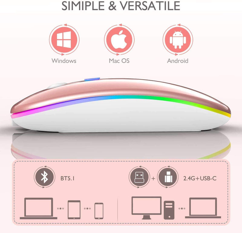 LED Wireless Mouse,Bluetooth Mouse for MacBook Air/MacBook pro/ Laptop/Mac/ipad/ipad Air/PC (LED Rose glod) LED Rose glod