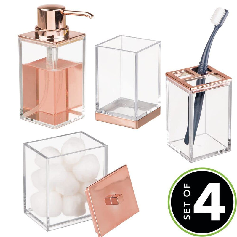 [AUSTRALIA] - mDesign Plastic Bathroom Storage Jars, Vanity Decor Accessory, Countertop Organizers; Soap Dispenser, Toothbrush Holder, Toothpaste Caddy, Rinsing Cup; Lumiere Collection - Set of 4 - Clear/Rose Gold 