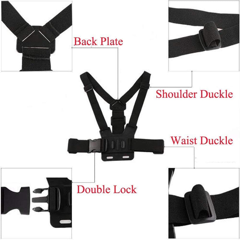 Mojosketch Chest Mount Harness Strap for Insta 360 One X Session Black Silver Fusion and Sjcam with J-Hook - Fully Adjustable Strap Size