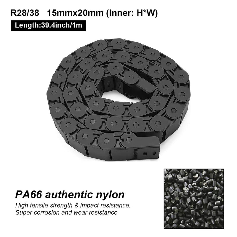 LMioEtool R28/38 15mm x 20mm(Inner H x Inner W) Black Plastic Cable Wire Carrier Drag Chain 1M Length for CNC, with End Connectors - Semi Enclosed Type (Inner Side openable) 15*20B