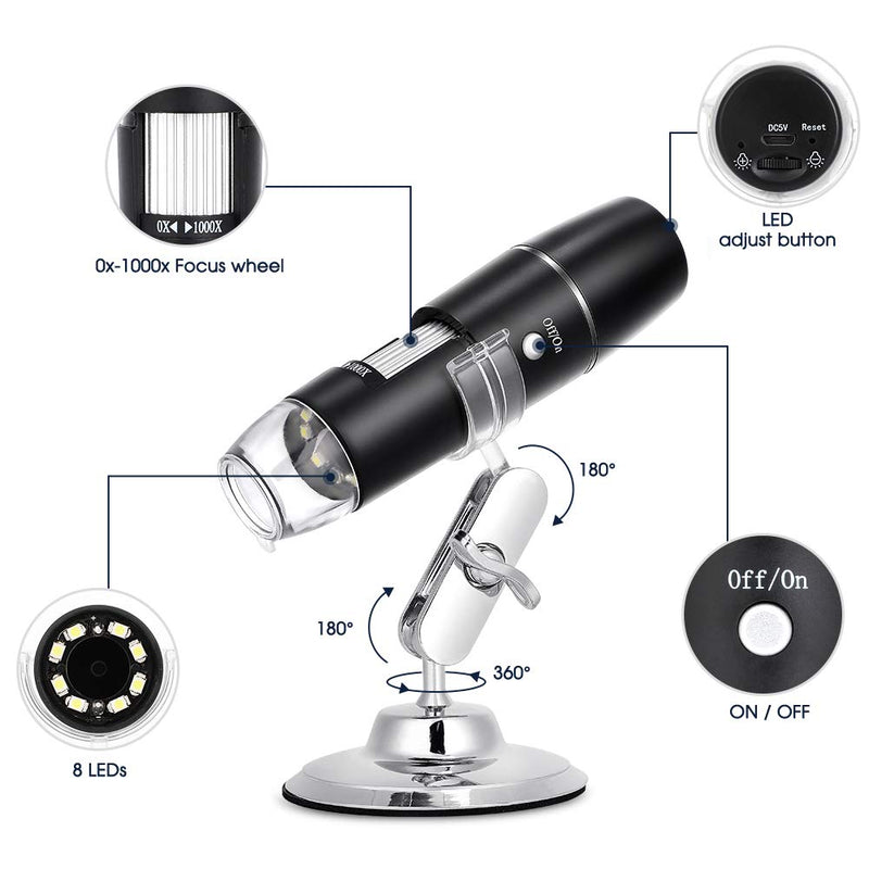 Wireless Digital Microscope Handheld USB Microscope Camera 50x-1000x Magnification with 8 Adjustable LED Lights HD 1080P Wi-Fi Endoscope Compatible with iPhone, Mac, Android, Windows Computer