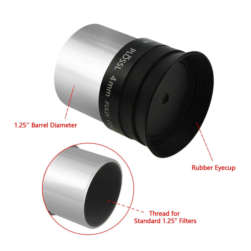 Astromania 1.25" 4mm Plossl Telescope Eyepiece - 4-Element Plossl Design - Threaded for Standard 1.25inch Astronomy Filters