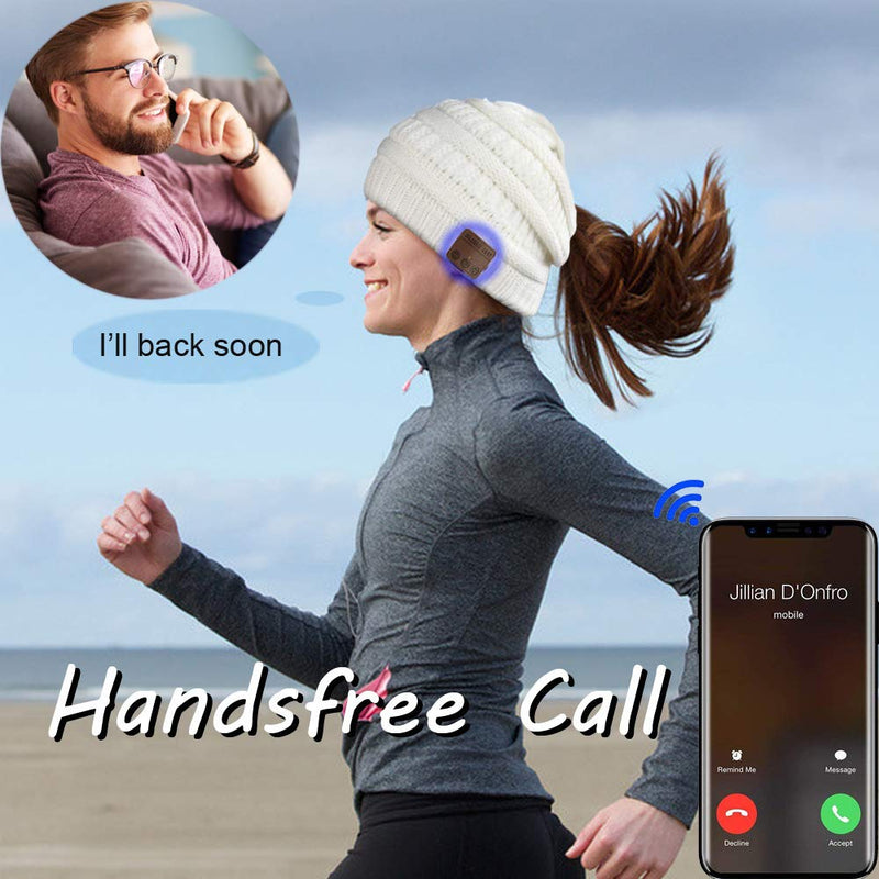 Wireless Music Beanie Women Ponytail Beanie Girls Hat Over Ear Headset Sports Stereo Headphone with Microphone Speaker Womens Messy Bun Beanie Tail Gifts Knit Skull Cap White