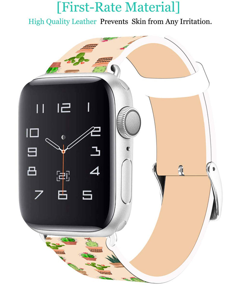 Strap Compatible with Apple Watch Series SE/7/6/5/4/3/2/1 42mm/44mm - ENDIY Designer Leather Fashionable Band Replacement Compatible with iWatch Women Men Pattern Lovely Cute Cactus Pattern Brilliant Cactus 44mm/42mm