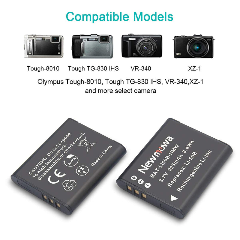 Newmowa Li-50B Battery (2 Pack) and Dual USB Charger Kit for Olympus LI-50B and Olympus SZ-10, SZ-12, SZ-15, SZ-16 iHS, SZ-20, SZ-30MR, SZ-31MR iHS, TG-610, TG-630 iHS, TG-810, TG-820, TG-830 iHS