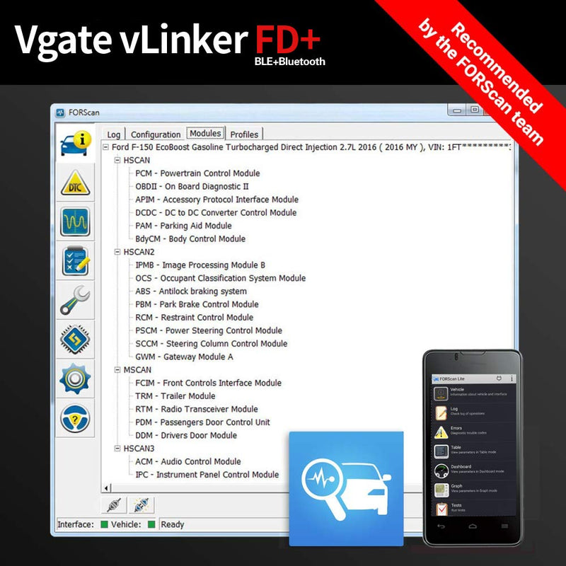Vgate vLinker FD+ OBD2 Bluetooth Scan Tool, Diagnostic Code Reader for iOS, Android, and Windows - Made for FORScan FD+ BLE4.0 - Android & iOS & Windows