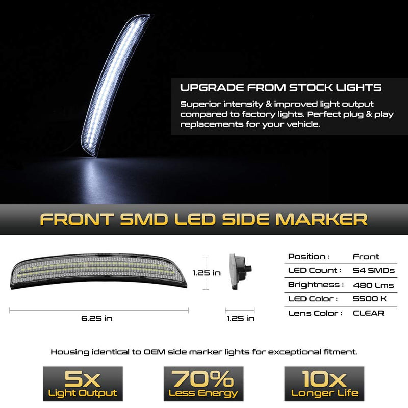 VIPMOTOZ Front + Rear White LED Strip Side Marker Light Fender Parking Lamp Replacement For 2015-2022 Dodge Charger LD, Chrome Housing, Driver & Passenger Side