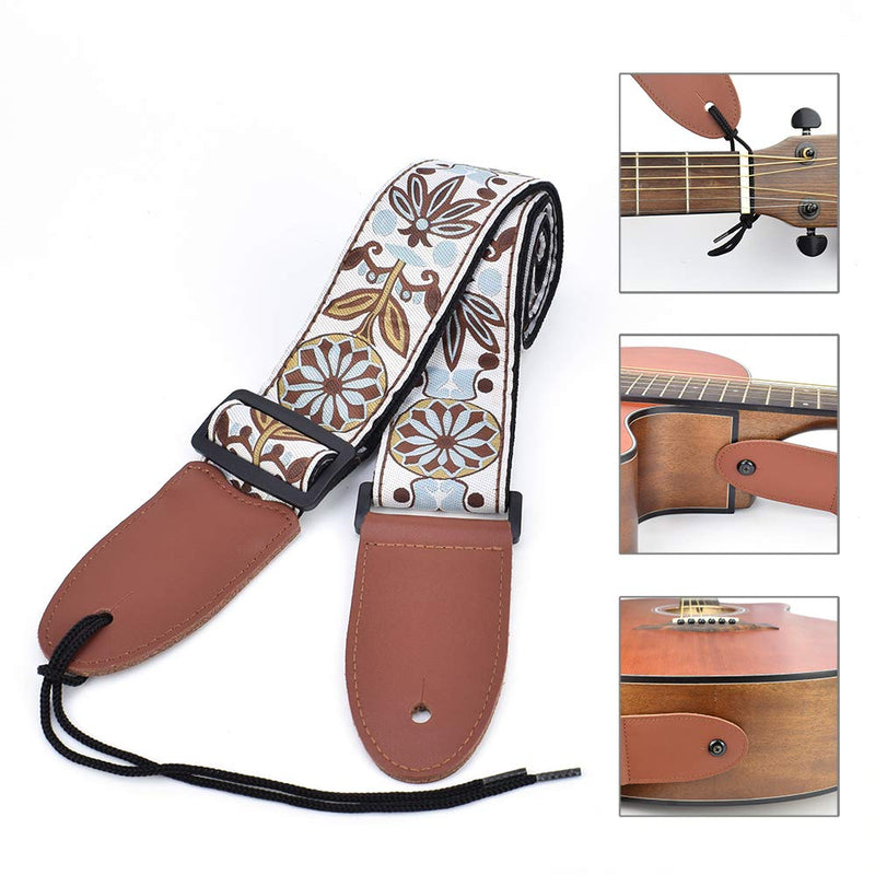 Guitar Strap Acoustic Electric Bass Guitar Leather Ends For Men Women With Jacquard Fabric Pattern White Brown Woven