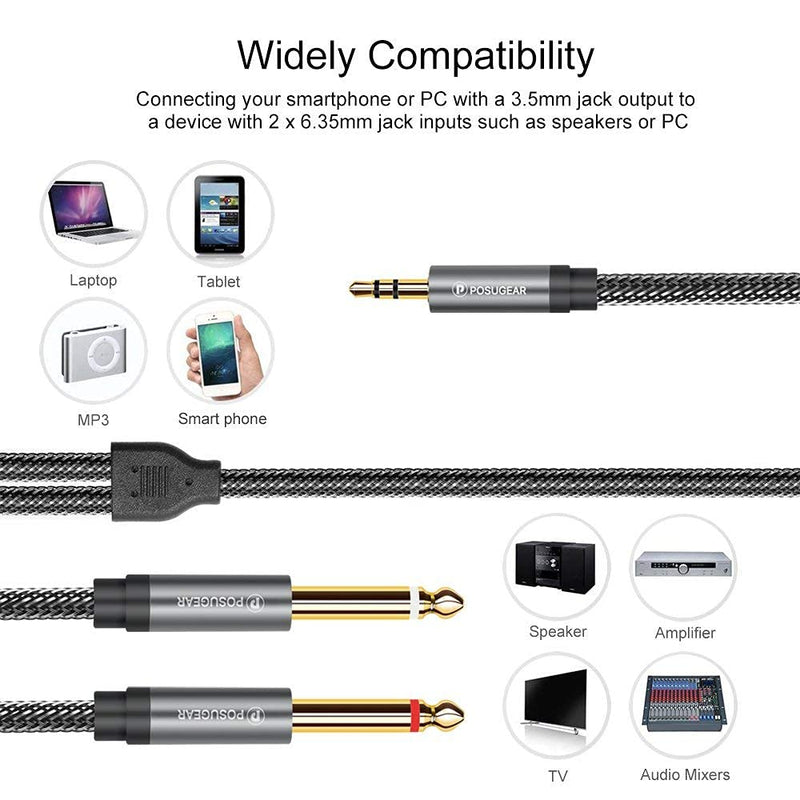 3.5mm to 6.3mm Mono Cable 2m, POSUGEAR 1/4 to 1/8 Inch Male to Male Audio Splitter Nylond Braid and Gold-Plated Cable, Digital Interface Instrument Cable for Mixer, Audio Recorder, Guitar, Amplifier