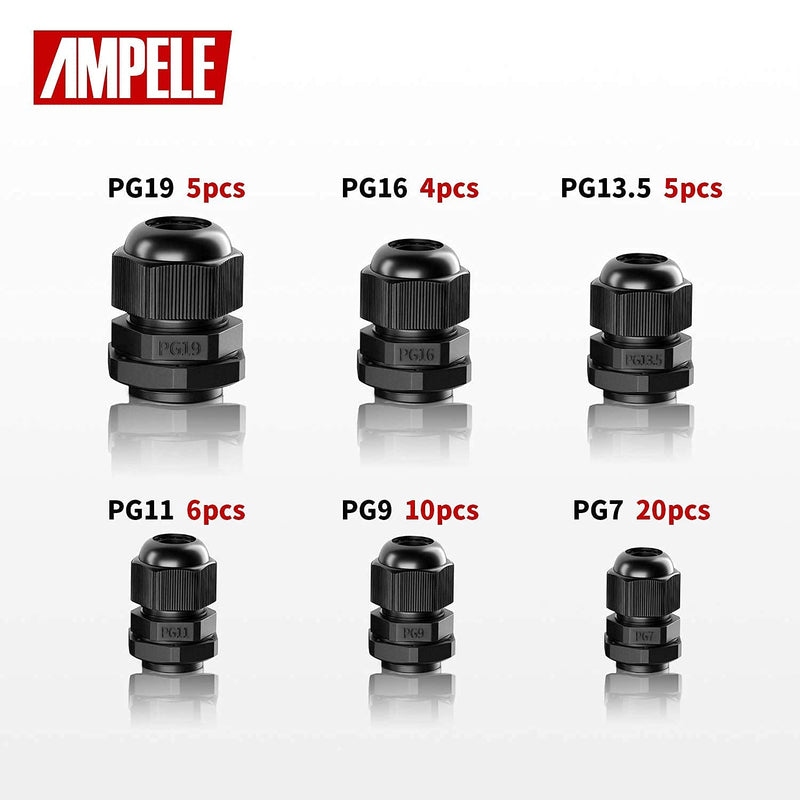 AMPELE Cable Gland 50 Pack Waterproof Adjustable 3-16mm PG7 PG9 PG11 PG13.5 PG16 PG19 Nylon Cable Glands Joints With Gaskets Cable Gland Kit