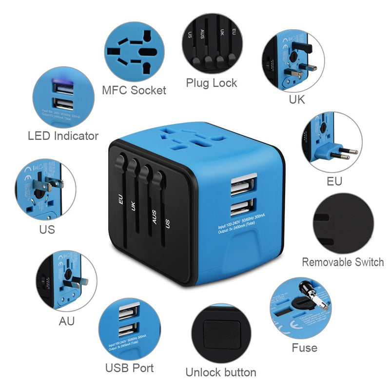 HAOZI Universal Travel Adapter, All-in-one International Power Adapter with 2.4A Dual USB, European Adapter Travel Power Adapter Wall Charger for UK, EU, AU, Asia Covers 150+Countries (Blue) Blue