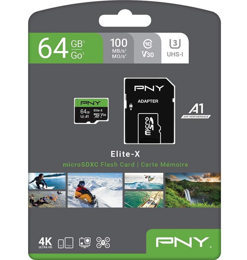 PNY P-SDU64GU3100EX-GE 64GB Elite-X Class 10 U3 V30 MicroSDXC Flash Memory Card