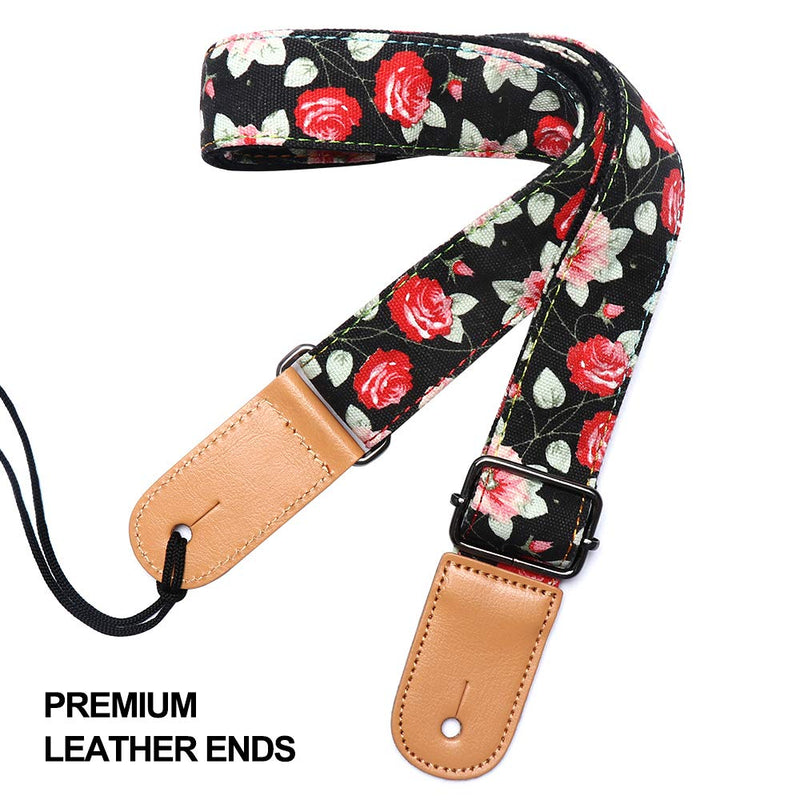 Ukulele Strap, IHOBOR Hawaiian Black Rose Ukelele Shoulder Strap, Suitable for Soprano Concert Tenor Baritone String Instruments