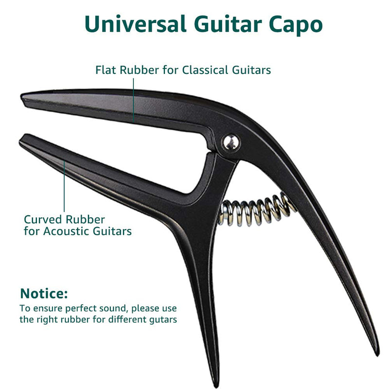 Guitar Capo, Universal Capo with Picks for Acoustic, Electric and Classical Guitars, Fits Flat and Curved Fretboards, Good for 4, 6, 7 and 12-Strings Guitars (Black) Black